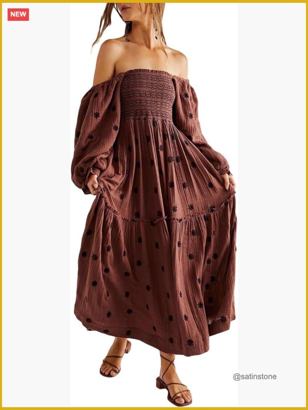 Floral Embroidered Maxi Dress with Puff Sleeves and Pockets